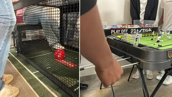 dubbelbild där första bilden visar fötter som spelar subsoccer och andra bilden elever som spelar fotbollsspel